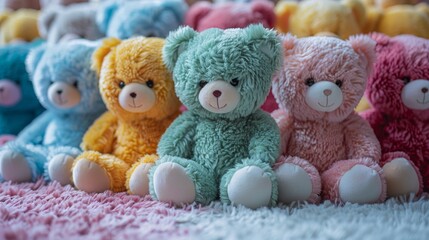 Colorful teddy bears lineup in a row on soft carpet