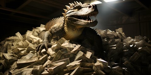 Godzilla towering over stacks of money symbolizing the impact of inflation. Concept Economic Impact, Inflation Rates, Godzilla Metaphor, Financial Symbolism, Money Stacks
