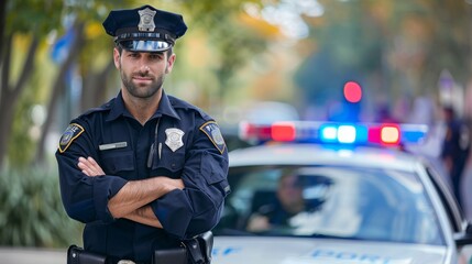 A portrait of a police officer in uniform, standing in front of a patrol car 