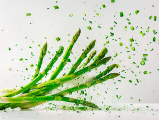 Fresh sliced asparagus plant on white background. Top view. Vegan healthy food.