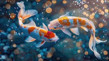a image of two koi fish swimming in a pond of water
