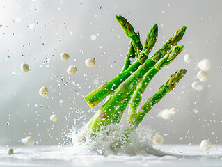 Fresh sliced asparagus plant on white background. Top view. Vegan healthy food.