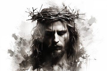 "Abstract black and white image of Jesus with a crown of thorns, capturing a profound and solemn depiction."