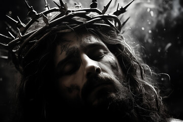 "Abstract black and white image of Jesus with a crown of thorns, capturing a profound and solemn depiction."