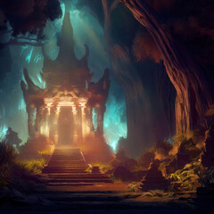 Temple in fantasy forest at night, old ruins and magic light, Surreal mystical fantasy artwork