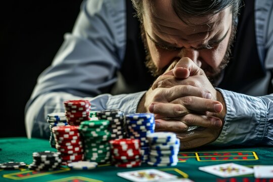 Man that is sitting at a table with some poker chips, gambling concept 