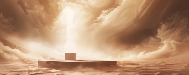 High-contrast mockup featuring a central podium in a surreal desert landscape