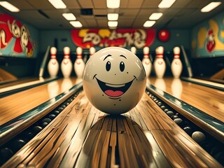 Comic bowling scene with pins and balls that are hilarious.