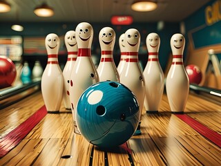 Comic bowling scene with pins and balls that are hilarious.