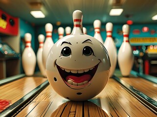Comic bowling scene with pins and balls that are hilarious.