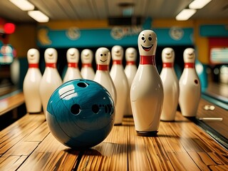 Comic bowling scene with pins and balls that are hilarious.