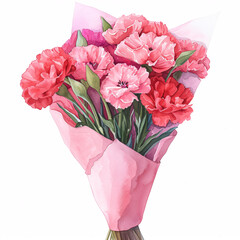 watercolor bouquet of carnations in a pink wrapper, Mother's Day, birthday flowers illustration, flat colors