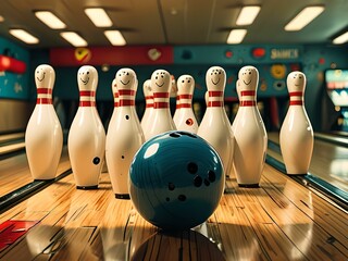 Comic bowling scene with pins and balls that are hilarious.