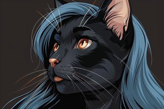Animated Anthro Black Cat with Blue Hair: Feline Charm in Vibrant Style