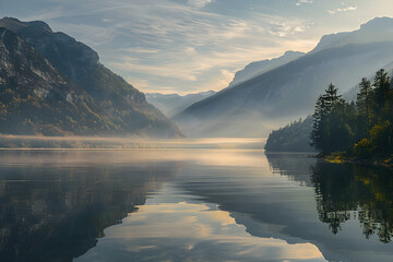 Tranquil Lake Reflections at Sunrise Surrounded by Majestic Mountains and Rich Forest