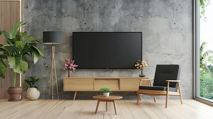 Cabinet TV in modern living room with armchair,lamp,table,flower and plant concrete . Generative Ai