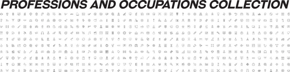 Collection of Line Signs of Occupation and Profession. Suitable for books, stores, shops. Editable stroke in minimalistic outline style. Symbol for design