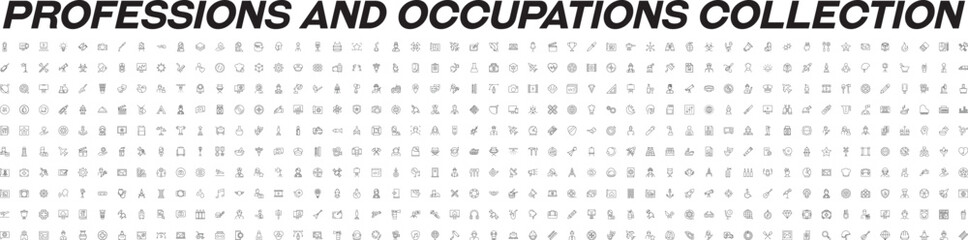 Collection of Signs of Occupation and Profession. Suitable for books, stores, shops. Editable stroke in minimalistic outline style. Symbol for design