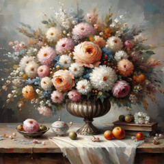 Magnificent oil paint still life with bouquet of different flowers