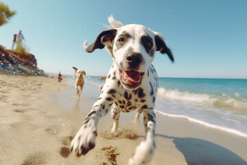 Active healthy Dalmatian dog running with open mouth sticking out tongue on the sand on the background of beach in bright day