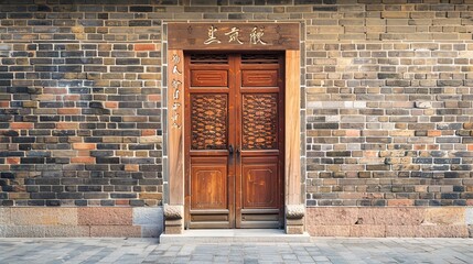 chinese traditional style wooden door and brick stone wall. Generative Ai