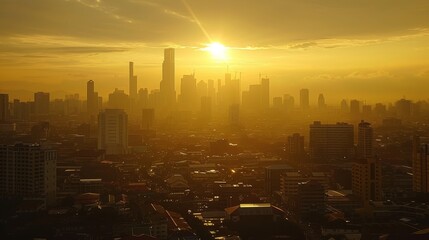 Majestic urban skyscrapers reflecting the golden hues of the setting sun in the city skyline