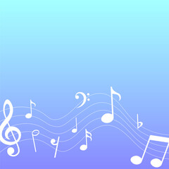 White music notes on blue and purple gradient background, vector illustration.