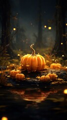 Enchanting autumn scene with glowing pumpkins and fallen leaves, festive and seasonal themes.
