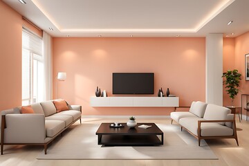 Living Room in Trendy Peach Fuzz Color for 2024, Pastel Wall Accent with Ivory Shades and Creamy White Luxury Furniture