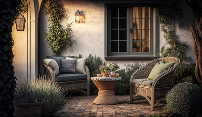 Beautiful backyard patio area with wicker furniture set