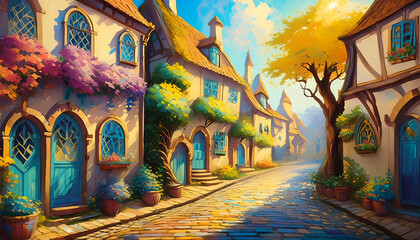 Fototapeta premium Painting of Bucolic European street