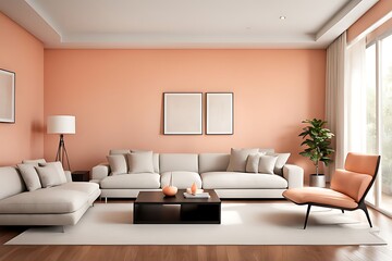 Living Room in Trendy Peach Fuzz Color for 2024, Pastel Wall Accent with Ivory Shades and Creamy White Luxury Furniture