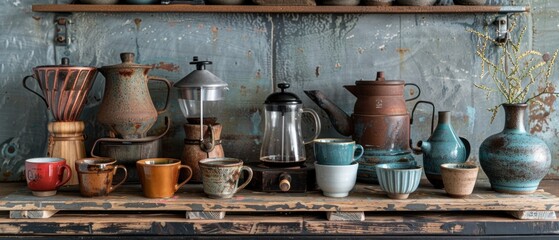 A weathered wooden tray holds an array of vintage coffee brewing equipment