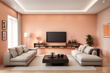 Living Room in Trendy Peach Fuzz Color for 2024, Pastel Wall Accent with Ivory Shades and Creamy White Luxury Furniture