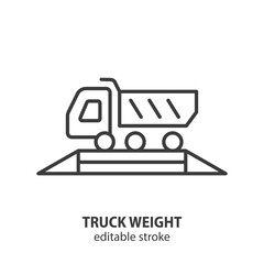 Truck weight line icon. Weighbridge vector symbol. Editable stroke.