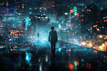 Business technology concept Professional business man walking on future network city background and futuristic interface graphic at night Cyberpunk color style 