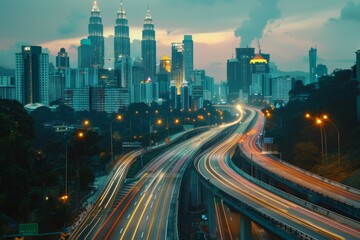 Fototapeta premium Low angle curvy flyover highway moving forward road with kuala lumpur cityscape evening scene view. 