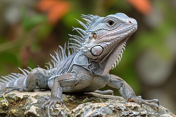 Obraz premium Grayscale Spiky-Maned Lizard Basking on Enchanting Stone Setting