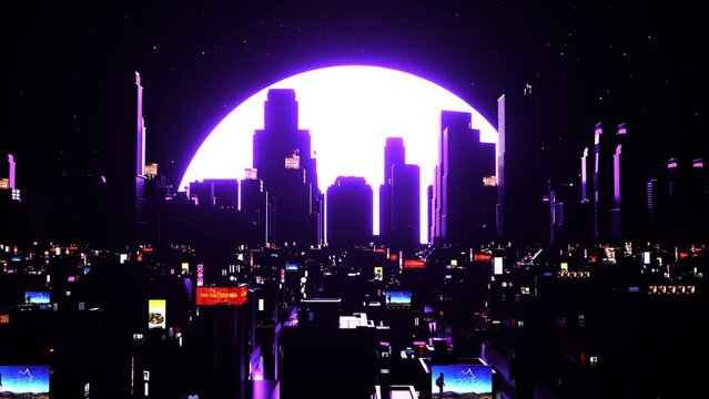 Purple sun lighting a futuristic City. Animated background for youtube, zoom, twitch, vtuber