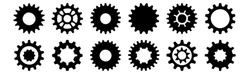 Gear silhouettes set, pack of vector silhouette design, isolated background