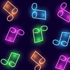 Neon music notes pattern, abstract glowing musical symbols, vector illustration.