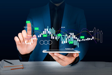Businessman utilizes calculator for financial reports and market data analysis, enhancing business planning and market understanding in finance and investment.