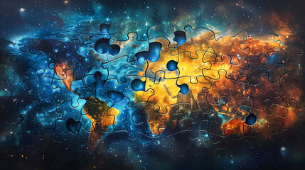 Obraz premium A jigsaw puzzle of the world is on a table with pieces scattered around it. The puzzle is incomplete, and the pieces are of different shapes and sizes. Concept of curiosity and exploration