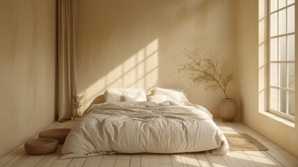 A cozy minimalist bedroom featuring a low-profile bed with crisp white linens, pale wood floors and soft beige walls. 