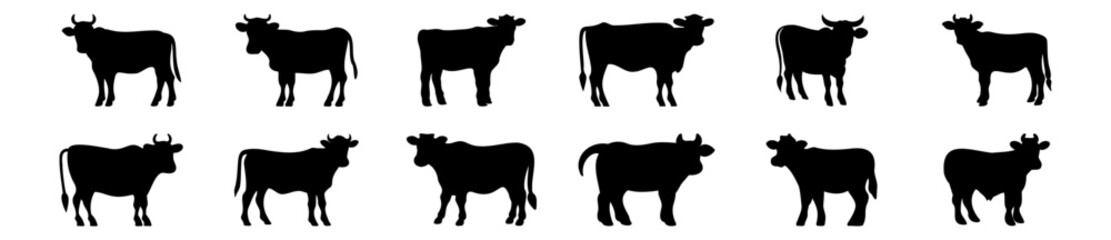 Cow silhouettes set, pack of vector silhouette design, isolated background