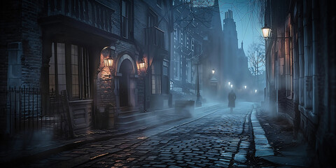 Mysterious Foggy Night in a Victorian Street