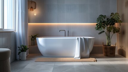 A serene bathroom with minimal fixtures, featuring a freestanding white tub and walls clad in light grey tiles.