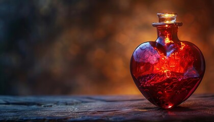 A conceptual image of a heartshaped bottle filled with vibrant red venom, symbolizing danger and betrayal, set against a dimly lit background - Powered by Adobe