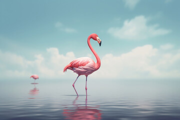 One flamingo standing peacefully alone in the water by cloudy sunset