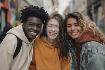multiracial young friends having fun together on city street cheerful gen z lifestyle